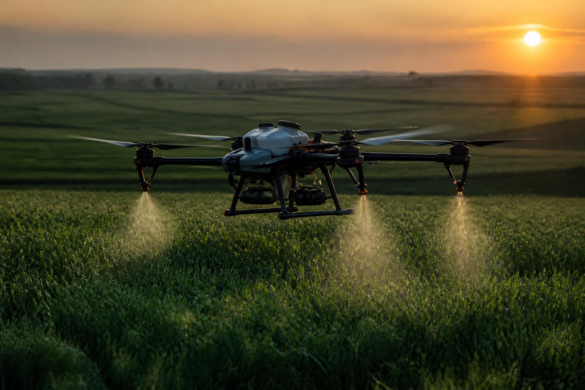 Dronă agricolă DJI T50 aplicând tratamente pe câmp de cereale